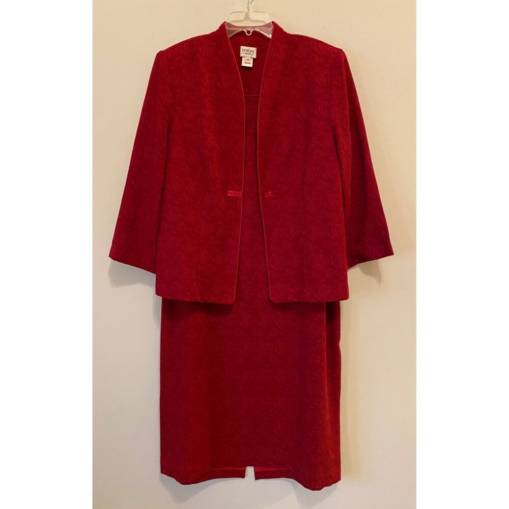 Miss Dorby Red Brocade 2-Piece Sleeveless Dress & Jacket Set Size 12